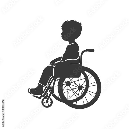 little boy in a wheelchair minimalist logo or symbol black color only