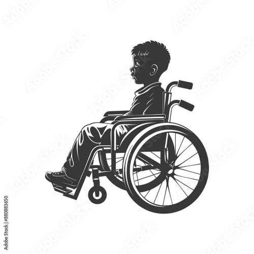 little boy in a wheelchair minimalist logo or symbol black color only