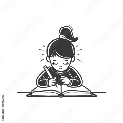 little girl writing minimalist logo or symbol black color only