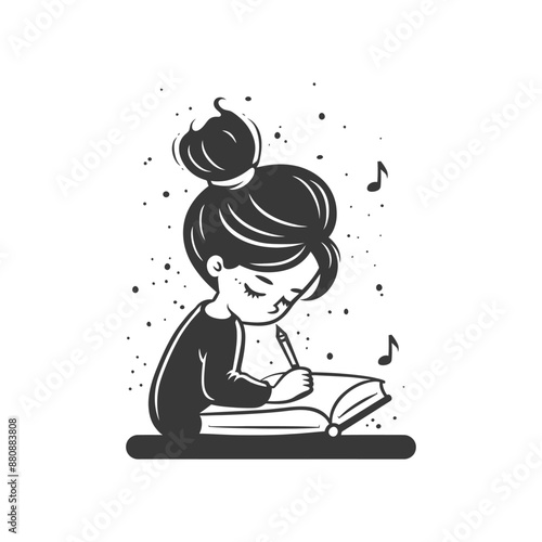 little girl writing minimalist logo or symbol black color only