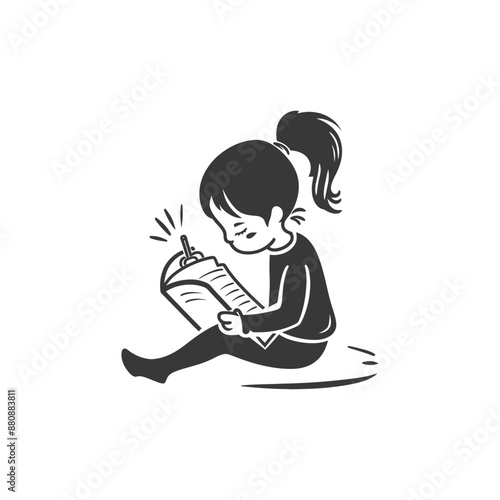 little girl writing minimalist logo or symbol black color only