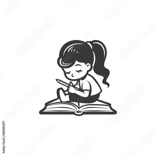 little girl writing minimalist logo or symbol black color only
