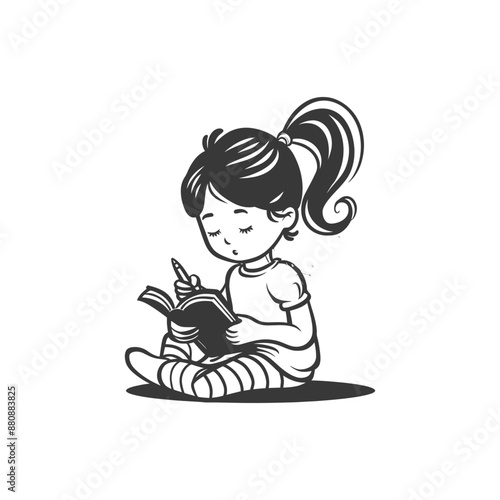 little girl writing minimalist logo or symbol black color only