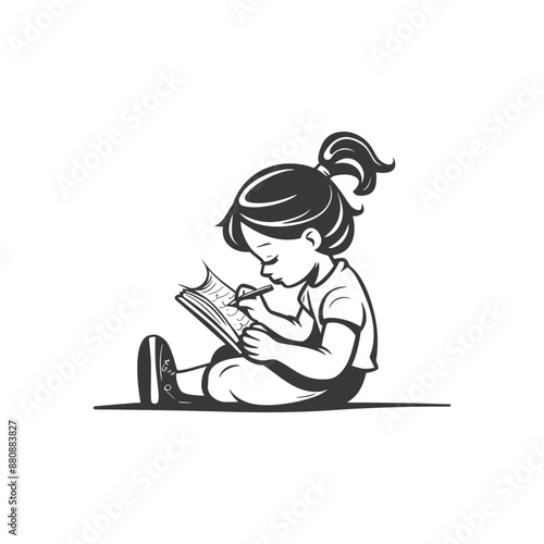 little girl writing minimalist logo or symbol black color only