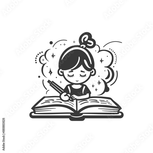 little girl writing minimalist logo or symbol black color only