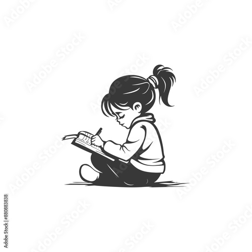 little girl writing minimalist logo or symbol black color only