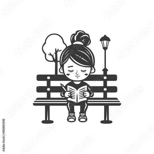 little girl writing minimalist logo or symbol black color only