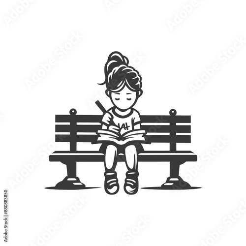 little girl writing minimalist logo or symbol black color only