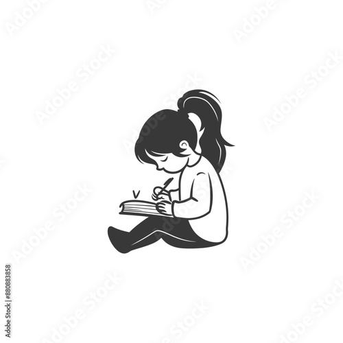 little girl writing minimalist logo or symbol black color only