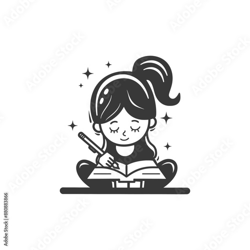 little girl writing minimalist logo or symbol black color only