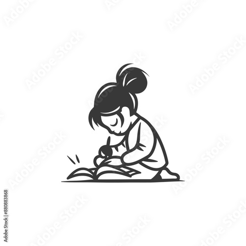 little girl writing minimalist logo or symbol black color only