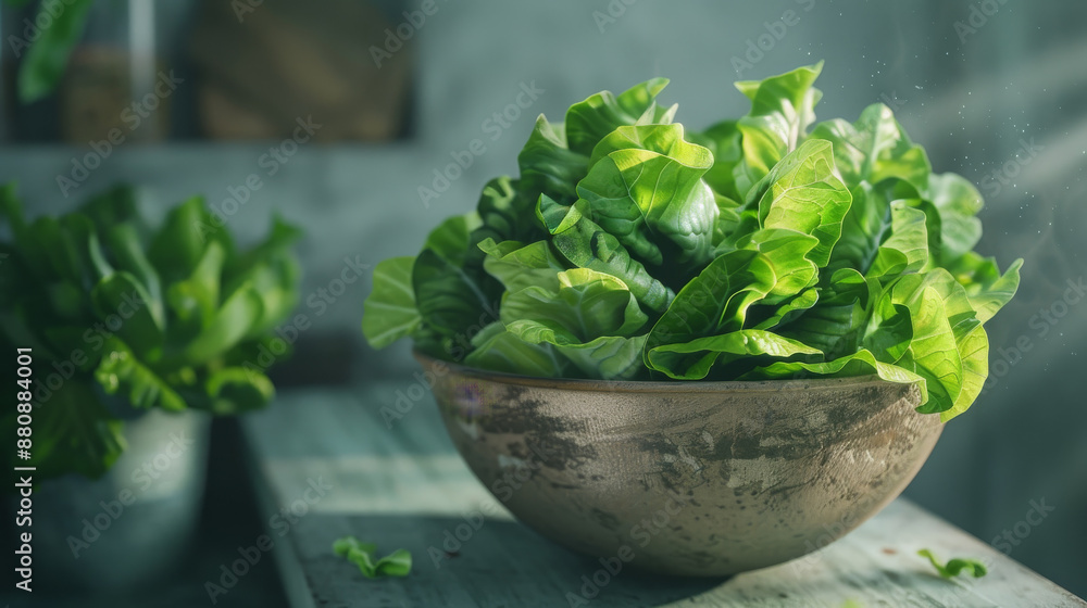 A rustic bowl overflowing with fresh, vibrant green lettuce leaves, placed on a wooden table in a cozy, naturally lit kitchen. A rustic bowl overflowing with fresh, vibrant green lettuce leaves, placed on a wooden table in a cozy, naturally lit kitchen.