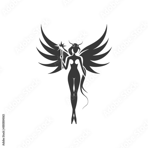 magical fairy with her wand minimalist logo or symbol black color only