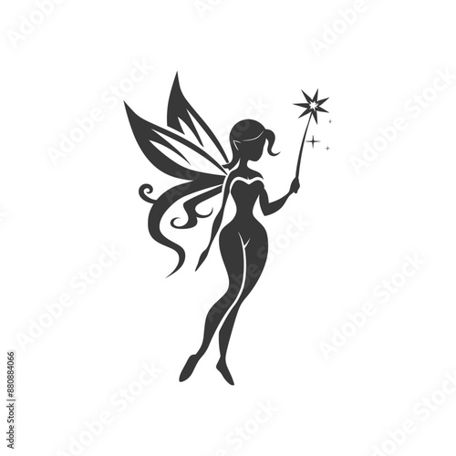 magical fairy with her wand minimalist logo or symbol black color only