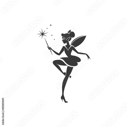 magical fairy with her wand minimalist logo or symbol black color only