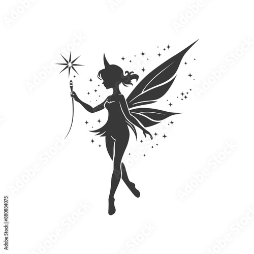 magical fairy with her wand minimalist logo or symbol black color only