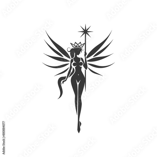 magical fairy with her wand minimalist logo or symbol black color only