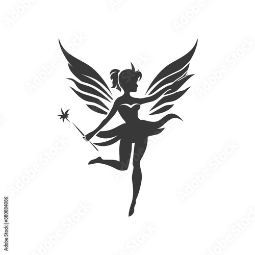 magical fairy with her wand minimalist logo or symbol black color only