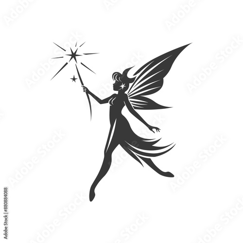 magical fairy with her wand minimalist logo or symbol black color only