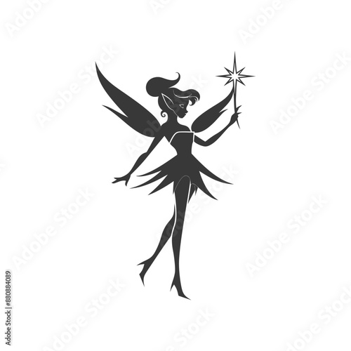 magical fairy with her wand minimalist logo or symbol black color only