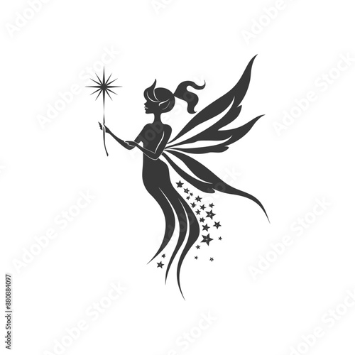 magical fairy with her wand minimalist logo or symbol black color only