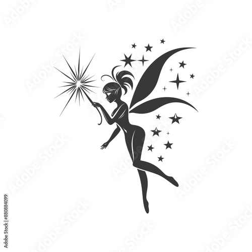 magical fairy with her wand minimalist logo or symbol black color only