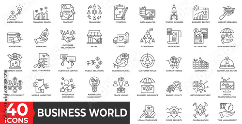 Business World icon collection set with strategy, advertising, data analysis, financial, accounting, retail, customer, market trends, management and globalization