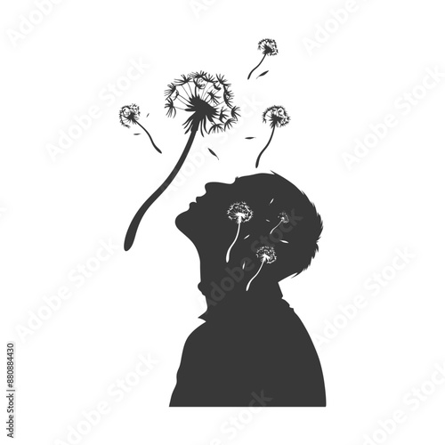 man blows dandelion minimalist logo or symbol black color only