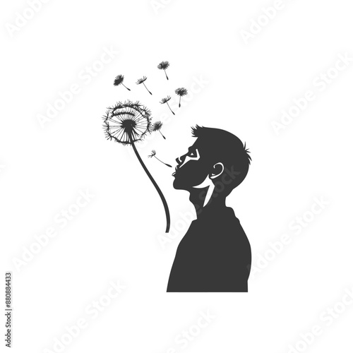 man blows dandelion minimalist logo or symbol black color only