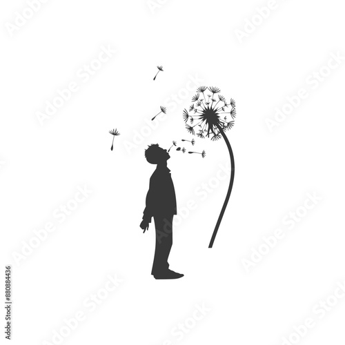 man blows dandelion minimalist logo or symbol black color only