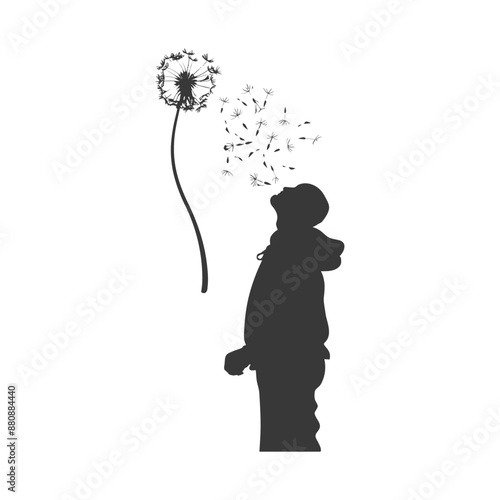 man blows dandelion minimalist logo or symbol black color only