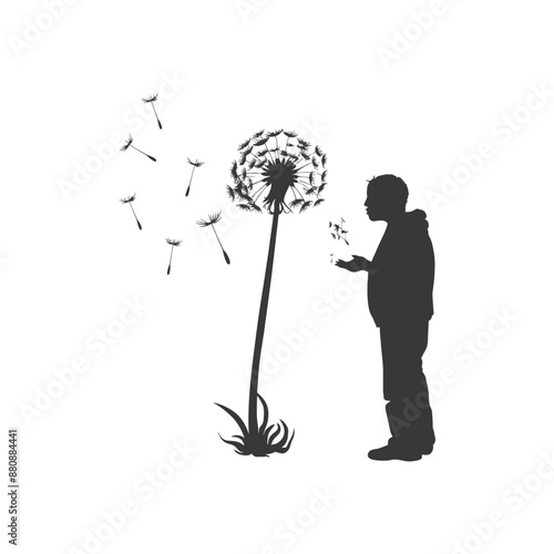 man blows dandelion minimalist logo or symbol black color only