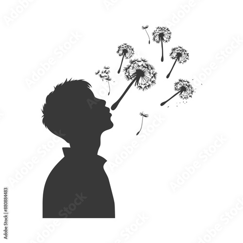 man blows dandelion minimalist logo or symbol black color only