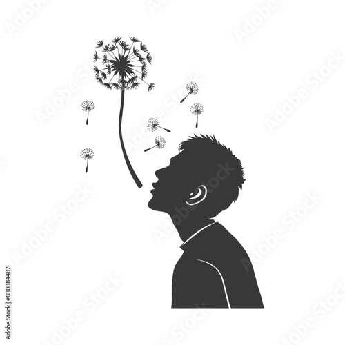 man blows dandelion minimalist logo or symbol black color only