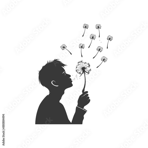 man blows dandelion minimalist logo or symbol black color only