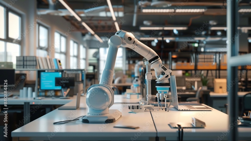 Robotic Arm and Laptop on a Modern Office Desk Robotic Arm and Laptop on a Modern Office Desk