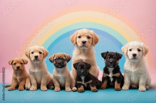 Seven adorable puppies of different breeds posing on pink background with rainbow arch