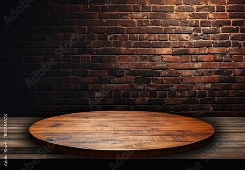 Rustic Wooden Tabletop with Brick Wall Background.