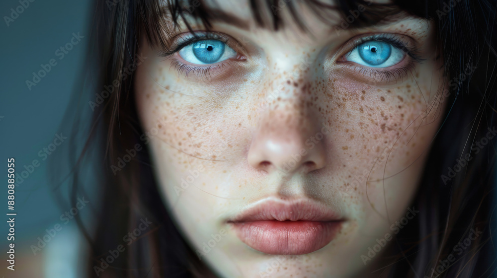 A striking portrait of a young woman with piercing blue eyes and delicate freckles, her expression thoughtful and gaze directed toward the camera. A striking portrait of a young woman with piercing blue eyes and delicate freckles, her expression thoughtful and gaze directed toward the camera.