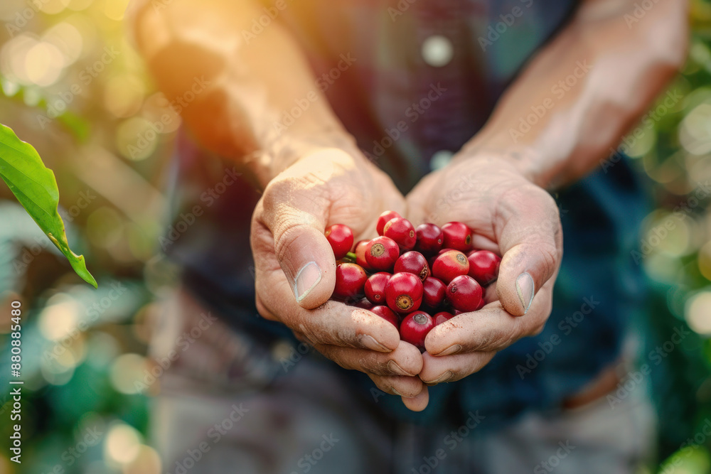Male farmer hands holding coffee berries while harvesting beans Male farmer hands holding coffee berries while harvesting beans