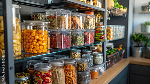 A well-organized home pantry featuring labeled containers and a variety of canned goods for easy access