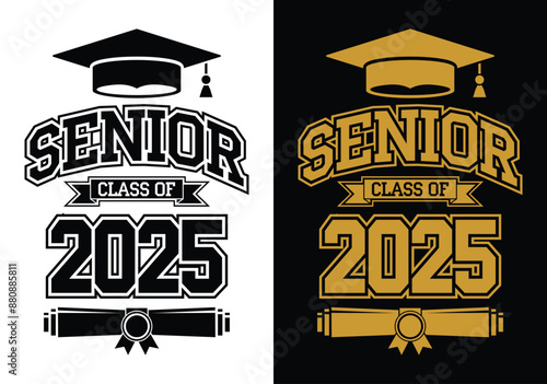 Lettering Class of 2025 for greeting, invitation card. Text for graduation design, congratulation event, T-shirt, party, high school or college graduate. Illustration, vector on transparent and black 