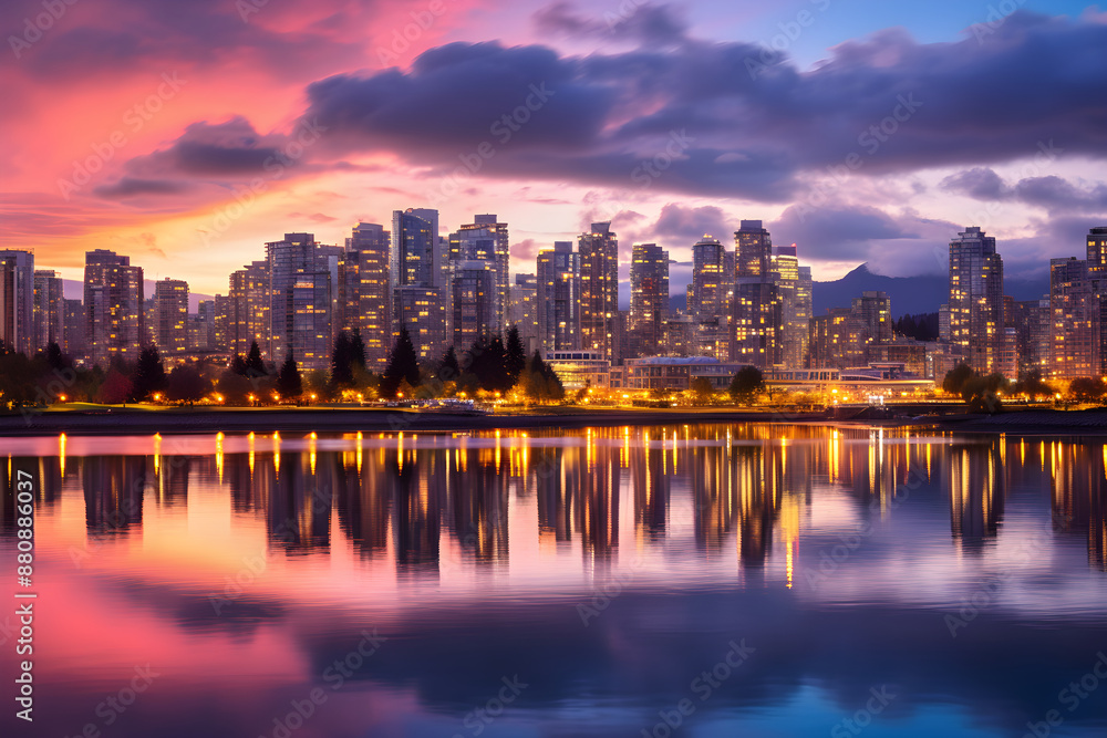 Fototapeta premium Twilight Panorama: British Columbia City Skyline Illuminated Against Tranquil Sunset