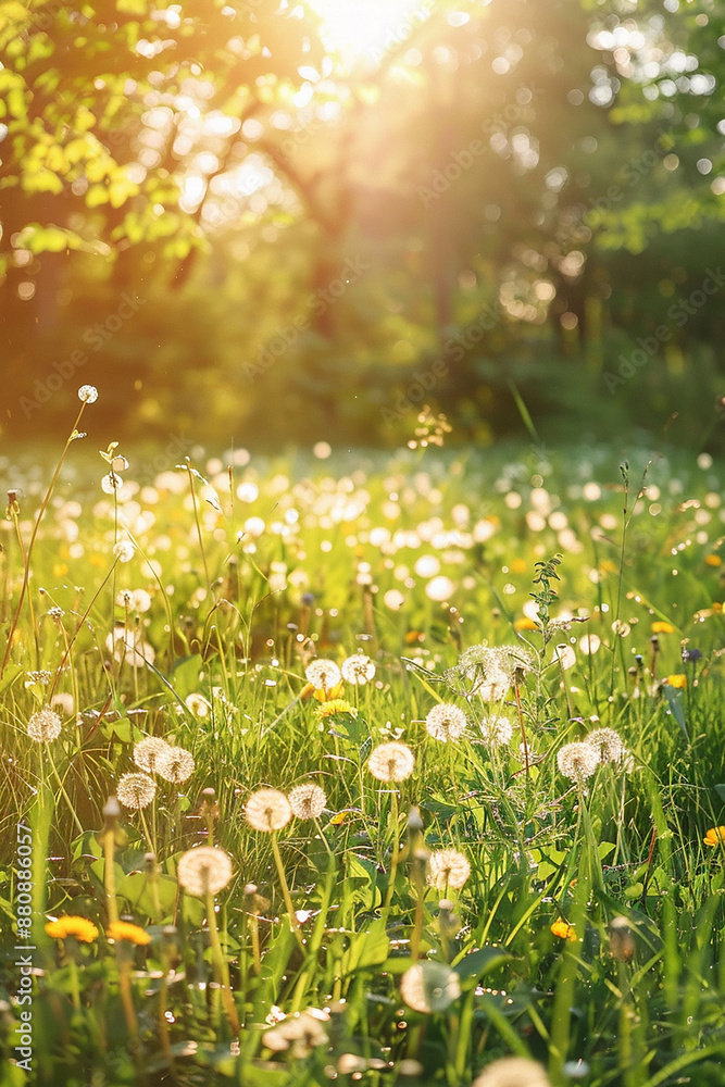 Fototapeta premium A sunlit meadow filled with dandelions at sunset, creating a serene and tranquil scene with a warm glow.
