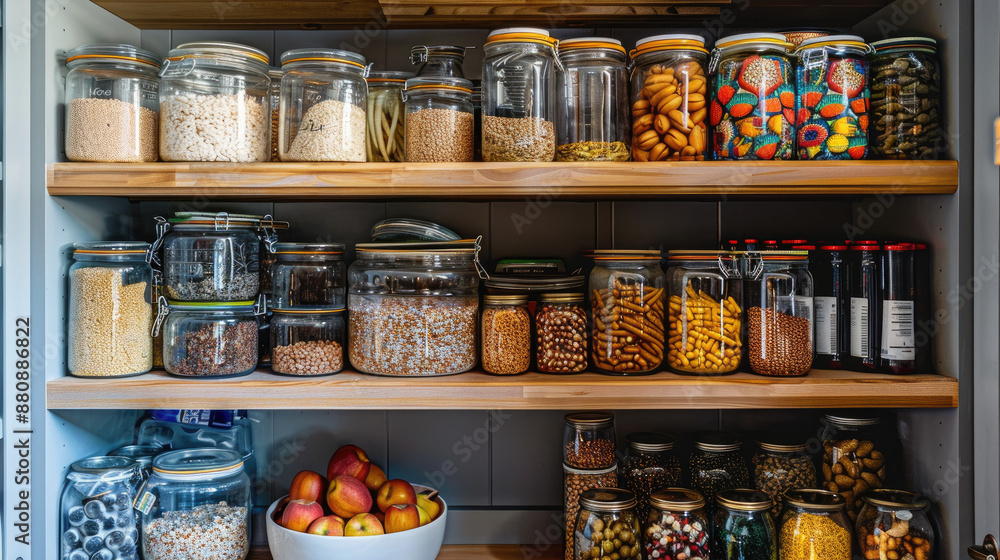A well-stocked pantry with neatly organized canned goods, dry foods, and cooking essentials A well-stocked pantry with neatly organized canned goods, dry foods, and cooking essentials