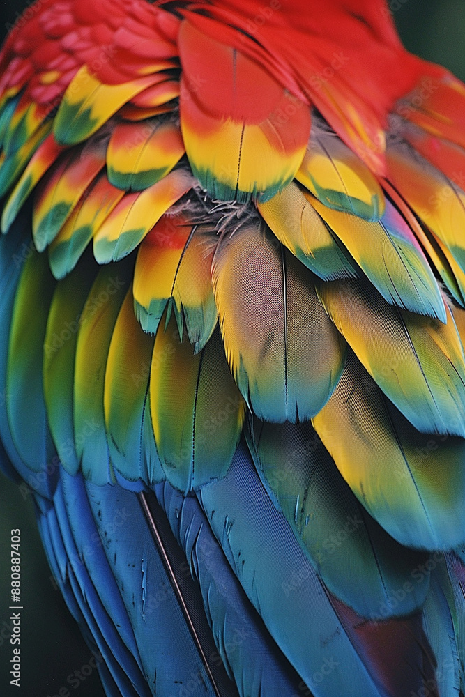 Fototapeta premium A close-up of colorful parrot feathers displaying shades of red, yellow, green, and blue. The image highlights the intricate patterns and vibrant hues.