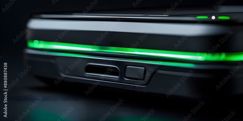 Black printer with green lights illuminating paper tray. Concept Electronics, Office equipment, Printer, Illumination, Green Light Black printer with green lights illuminating paper tray. Concept Electronics, Office equipment, Printer, Illumination, Green Light