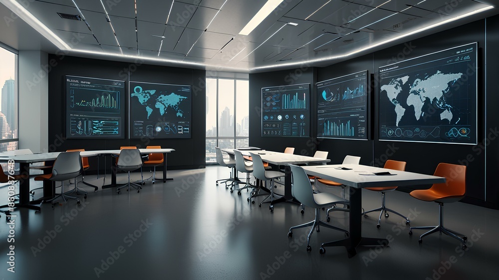 Futuristic classroom with digital screens displaying advanced technical data and diagrams. Futuristic classroom with digital screens displaying advanced technical data and diagrams.
