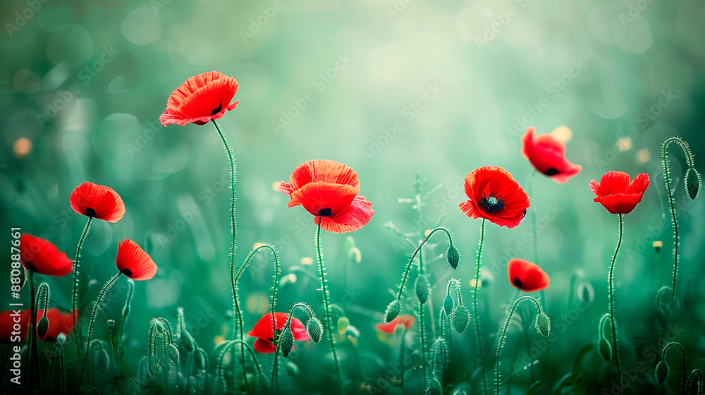 Fototapeta premium Red poppies in a green field with soft focus and bokeh effect