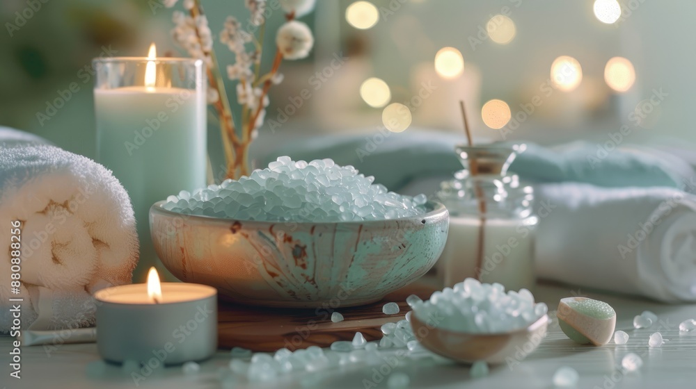 Home spa experience with scented candle bath salts and skincare products in a tranquil bathroom setting Home spa experience with scented candle bath salts and skincare products in a tranquil bathroom setting
